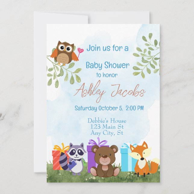 Invitación a Baby Shower de Woodland Animals (Anverso)