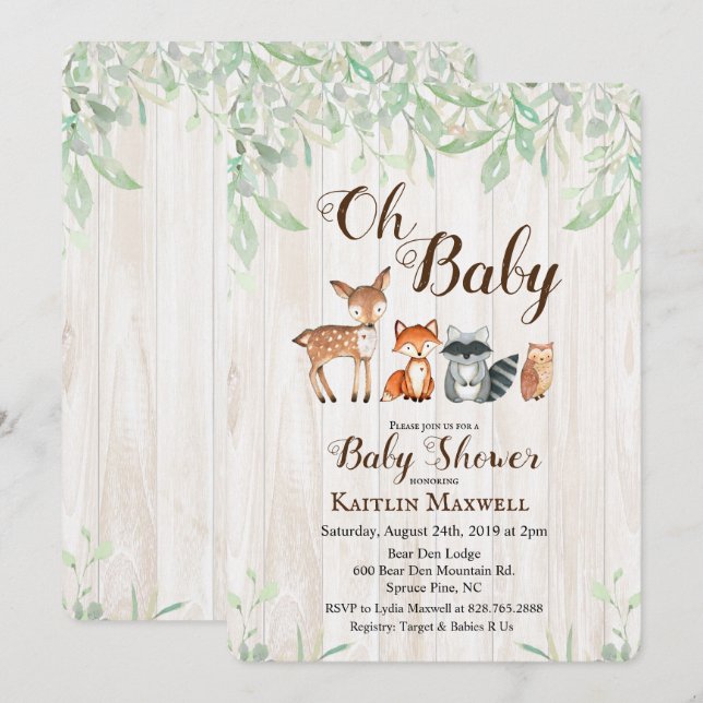 Invitación a Baby Shower de Woodland Animals (Anverso / Reverso)