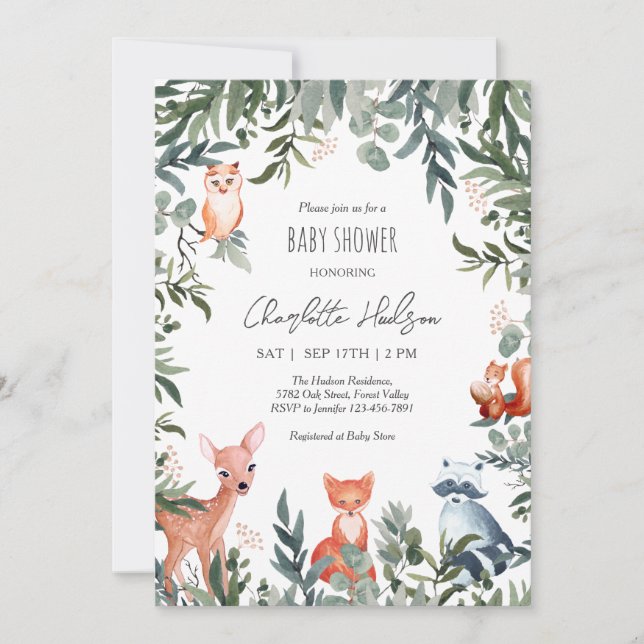 Invitación a Baby Shower de Woodland Animals (Anverso)