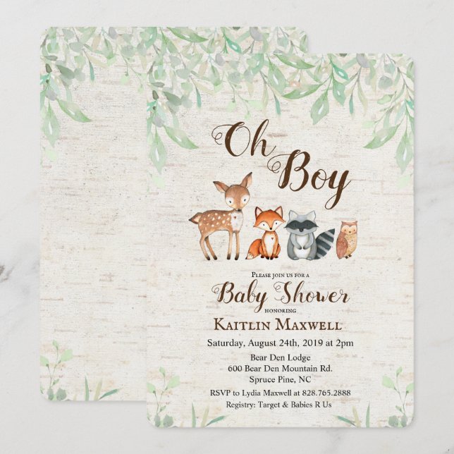 Invitación a Baby Shower de Woodland Animals (Anverso / Reverso)