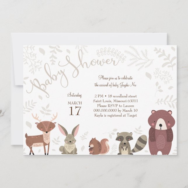 Invitación a Baby Shower de Woodland Animals (Anverso)