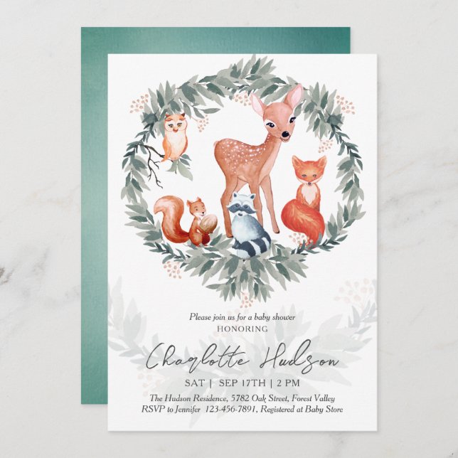 Invitación a Baby Shower de Woodland Animals (Anverso / Reverso)