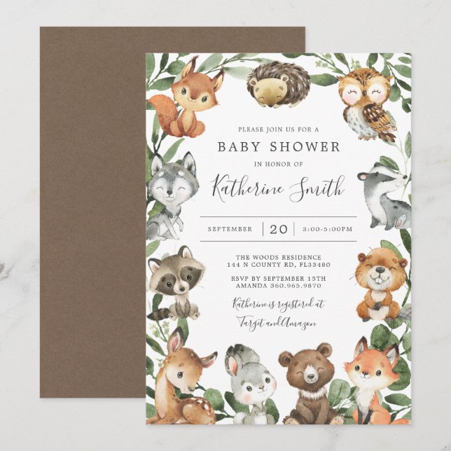 Invitación a Baby Shower de Woodland Animals (Anverso / Reverso)