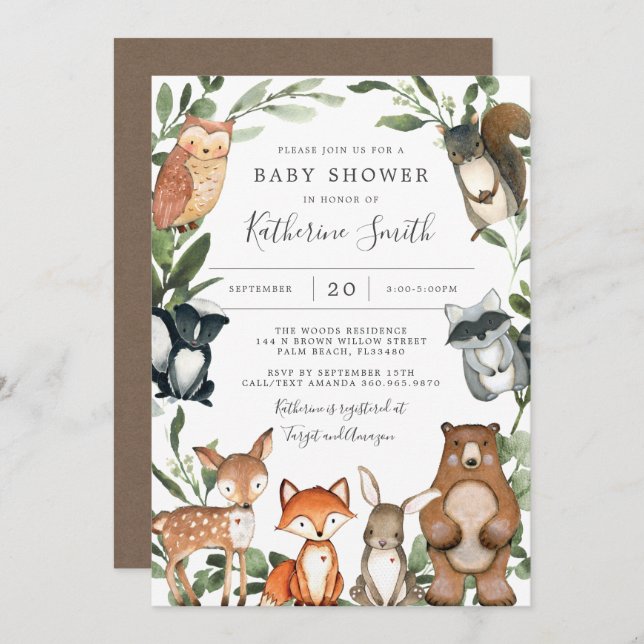 Invitación a Baby Shower de Woodland Animals (Anverso / Reverso)