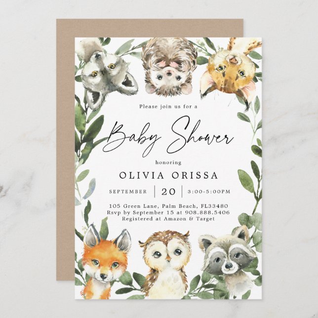Invitación a Baby Shower de Woodland Animals (Anverso / Reverso)