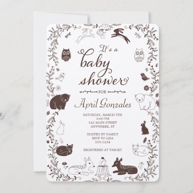 Invitación a Baby Shower de Woodland Animals (Anverso)