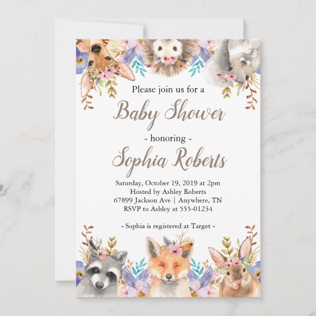 Invitación a Baby Shower de Woodland Animals Chica (Anverso)