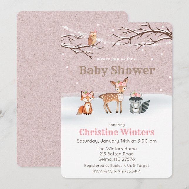 Invitación a Baby Shower de Woodland Animals Chica (Anverso / Reverso)