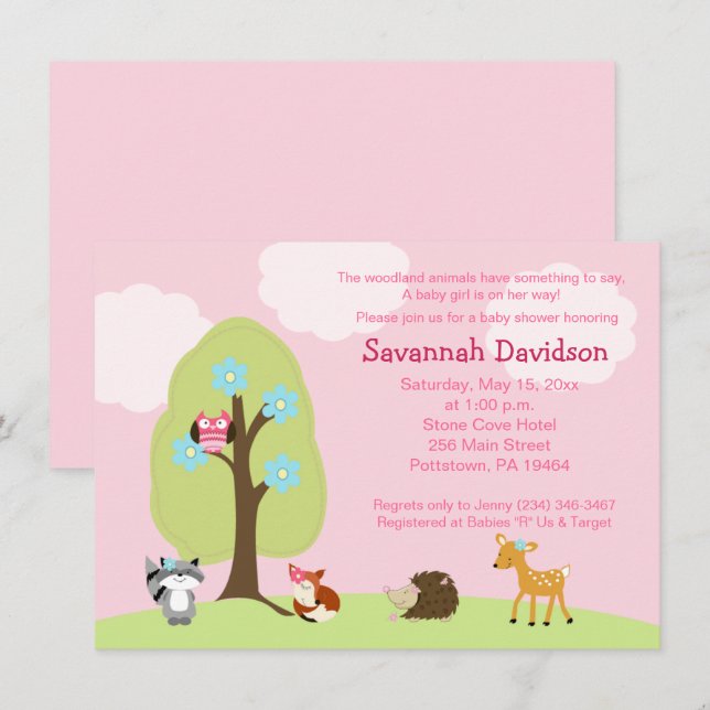 Invitación a Baby Shower de Woodland Animals Chica (Anverso / Reverso)