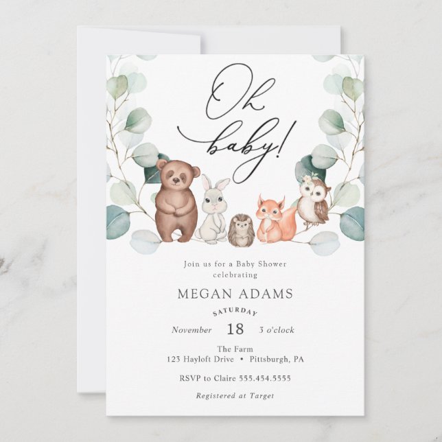 Invitación a Baby Shower de Woodland Animals Eucal (Anverso)