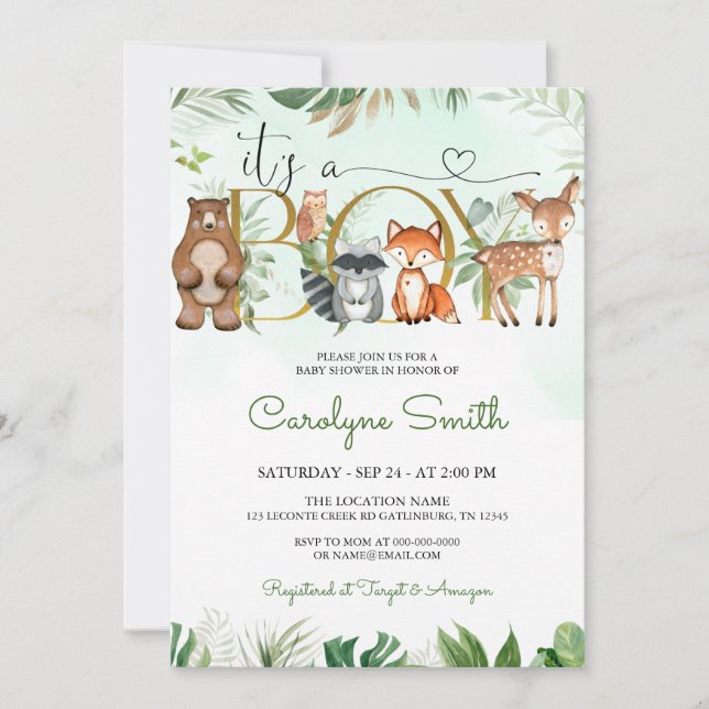 Invitación a Baby Shower de Woodland Animals Green (Anverso)