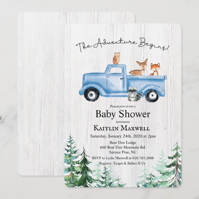 Invitación a Baby Shower de Woodland Animals Truck (Anverso / Reverso)