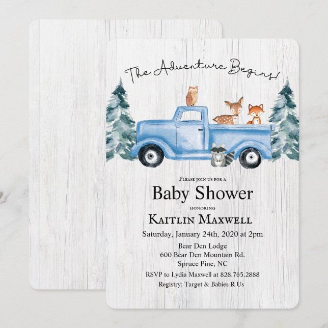 Invitación a Baby Shower de Woodland Animals Truck (Anverso / Reverso)
