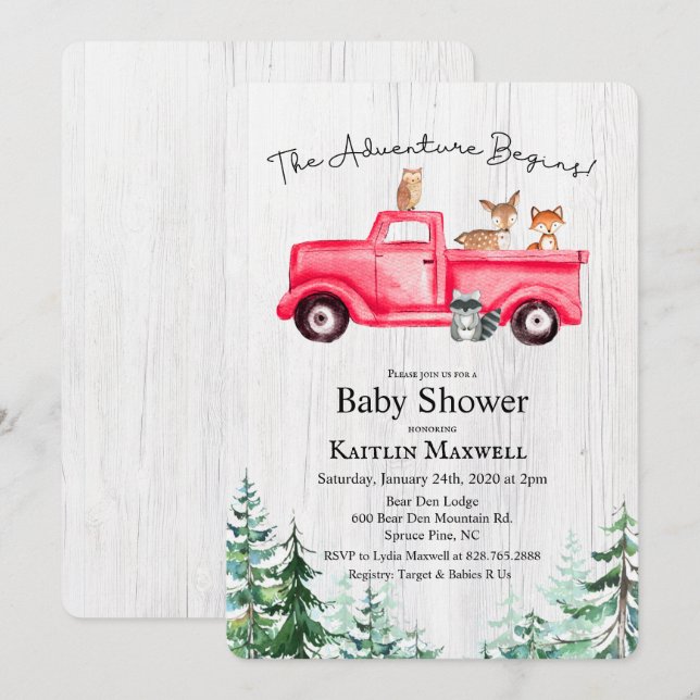 Invitación a Baby Shower de Woodland Animals Truck (Anverso / Reverso)