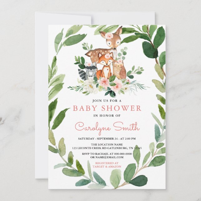 Invitación a Baby Shower de Woodland Baby Girl (Anverso)