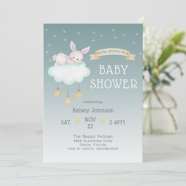 Invitación a Baby Shower de Woodland Bunny Stars (Anverso de pie)