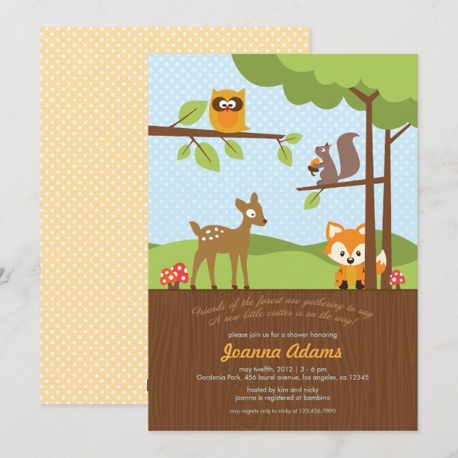 Invitación a Baby Shower de Woodland Critters (Anverso / Reverso)