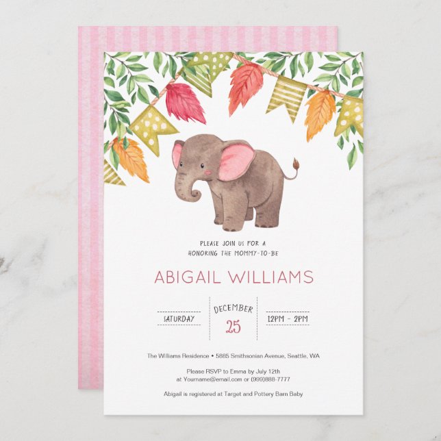 Invitación a Baby Shower de Woodland Cute Baby Ele (Anverso / Reverso)