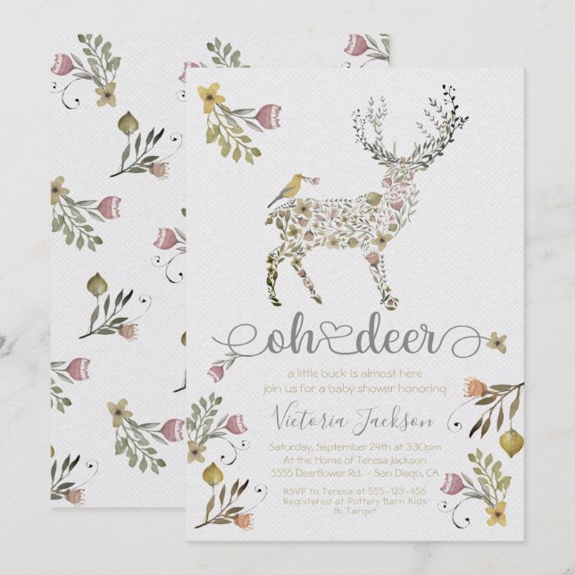Invitación a Baby Shower de Woodland Floral Oh Dee (Anverso / Reverso)