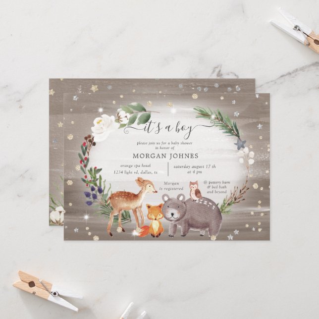 Invitación a Baby Shower de Woodland Forest Sparkl (Anverso/Reverso In Situ)