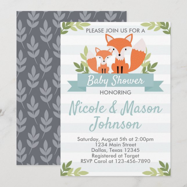 Invitación a Baby Shower de Woodland Fox (Anverso / Reverso)