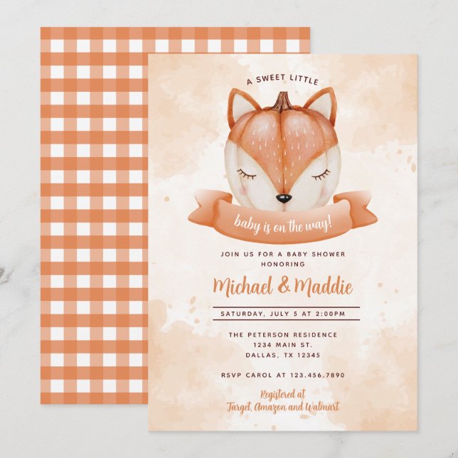 Invitación a Baby Shower de Woodland Fox Pumpkin (Anverso / Reverso)