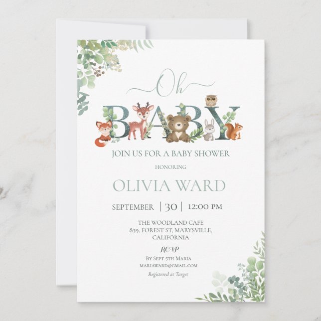 Invitación a Baby Shower de Woodland Greenery (Anverso)