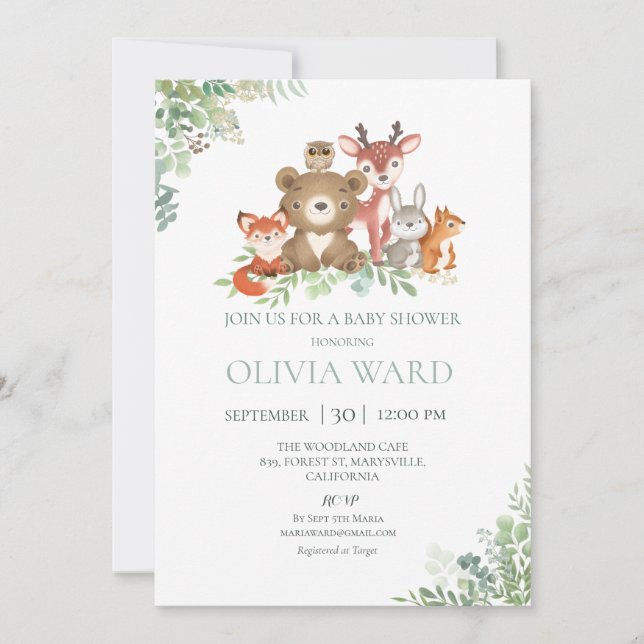Invitación a Baby Shower de Woodland Greenery (Anverso)