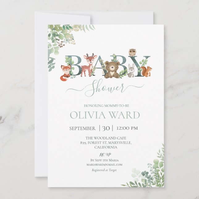 Invitación a Baby Shower de Woodland Greenery (Anverso)