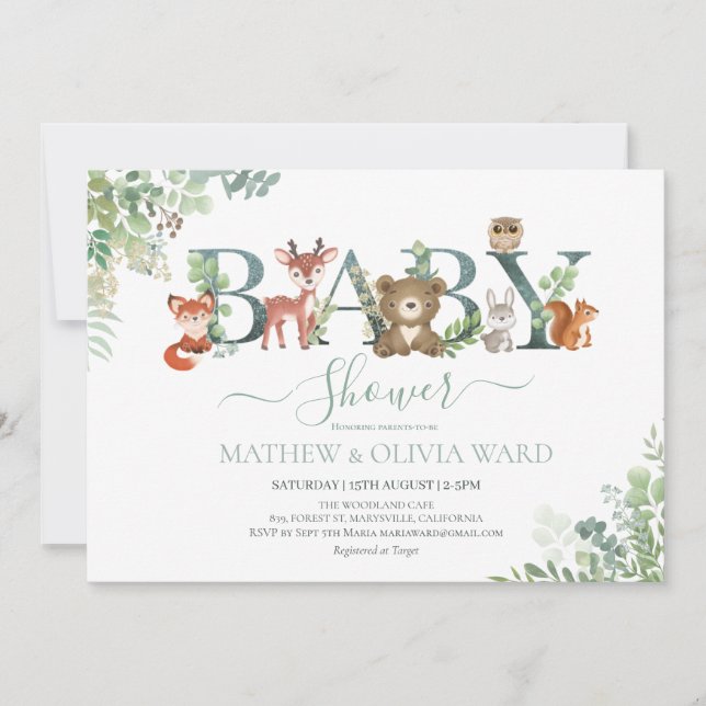 Invitación a Baby Shower de Woodland Greenery (Anverso)
