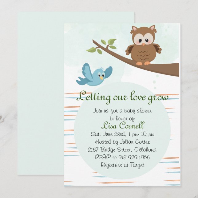Invitación a Baby Shower de Woodland Greenery Owl  (Anverso / Reverso)