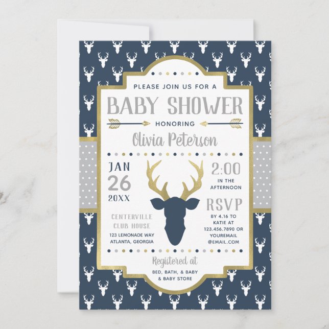Invitación a Baby Shower de Woodland, marina, gris (Anverso)
