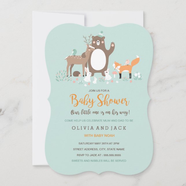 Invitación a Baby Shower de Woodland Mint y Naranj (Anverso)