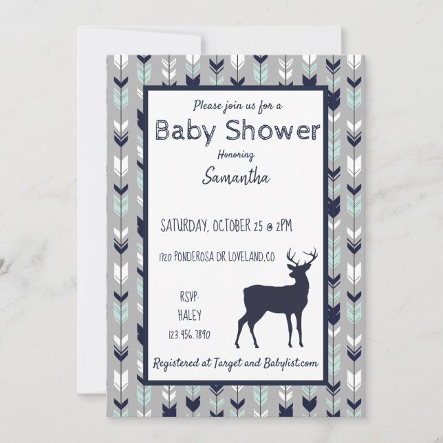 Invitación a Baby Shower de Woodland- Moneda/marin (Anverso)