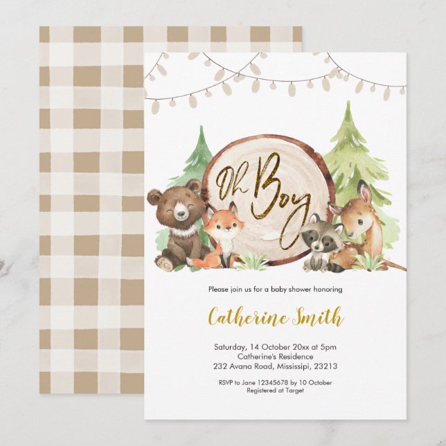 Invitación a Baby Shower de Woodland Oh Boy (Anverso / Reverso)