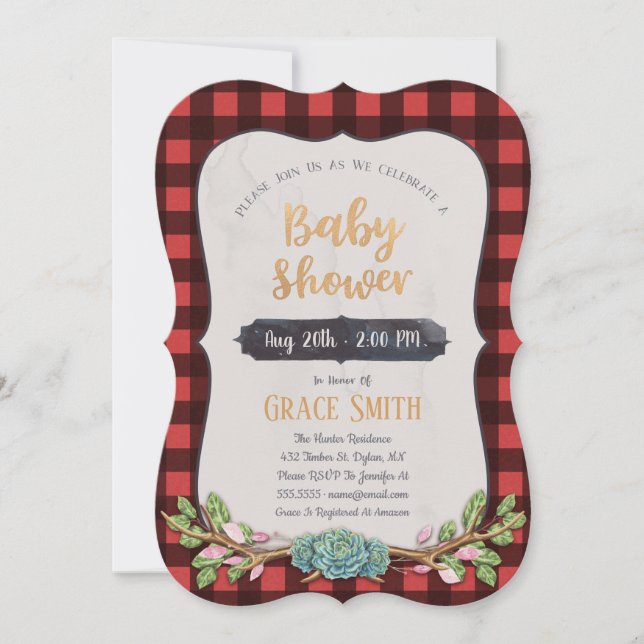 Invitación a Baby Shower de Woodland Plaid (Anverso)