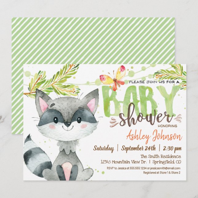 Invitación a Baby Shower de Woodland Raccoon (Anverso / Reverso)