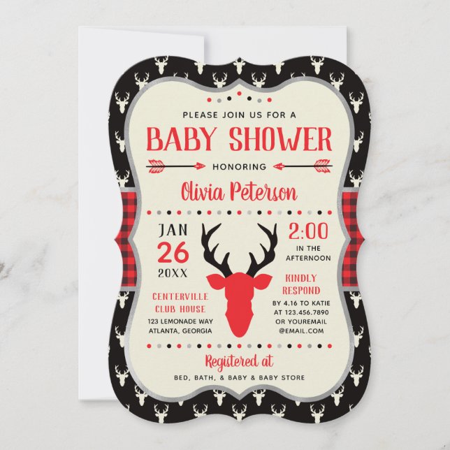 Invitación a Baby Shower de Woodland, rojo, negro, (Anverso)