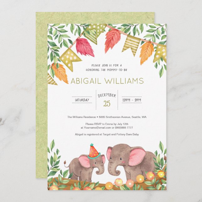 Invitación a Baby Shower de Woodland Safari Elepha (Anverso / Reverso)