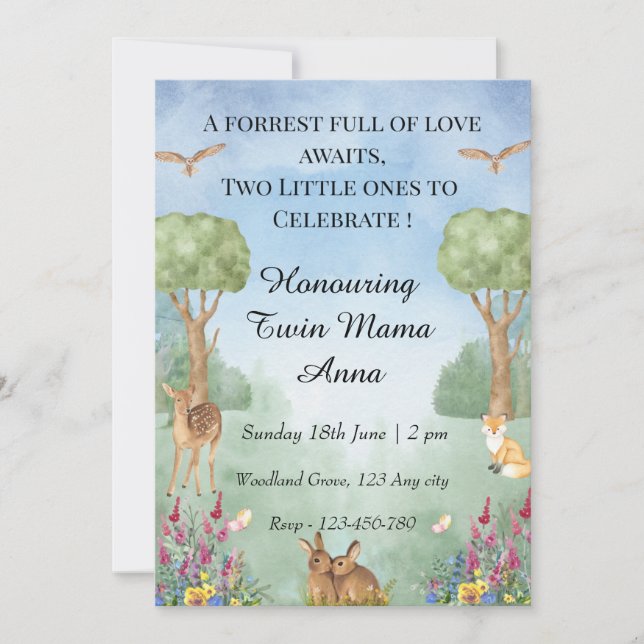 Invitación a Baby Shower de Woodland Twin (Anverso)