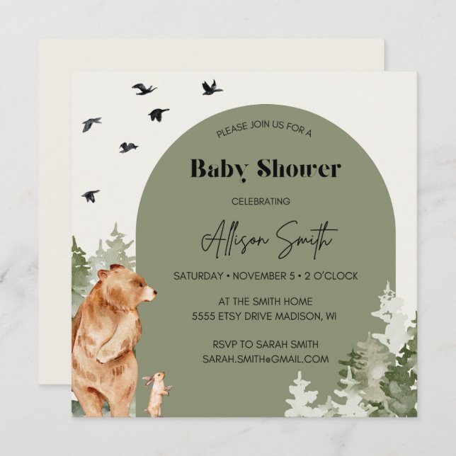 Invitación a Baby Shower de Woodland Watercolor Sq (Anverso / Reverso)