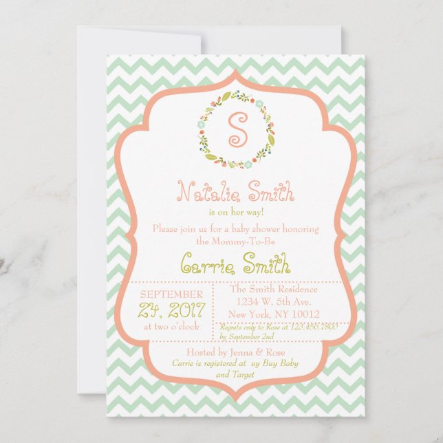 Invitación a Baby Shower de Wreath y Chevron (Anverso)