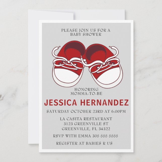 Invitación a Baby Shower de zapatillas de zapatero (Anverso)