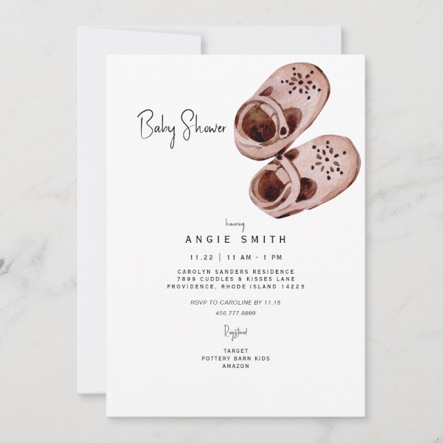 Invitación a Baby Shower de zapatos rosados de Bas (Anverso)