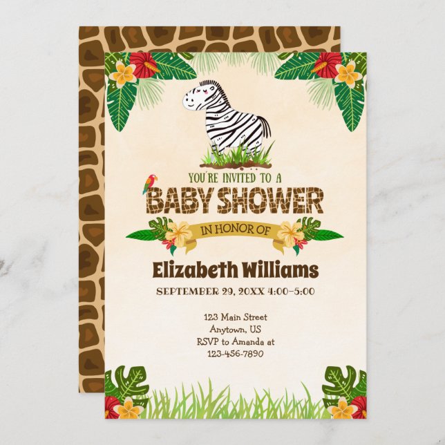 Invitación a Baby Shower de zebra selvática (Anverso / Reverso)