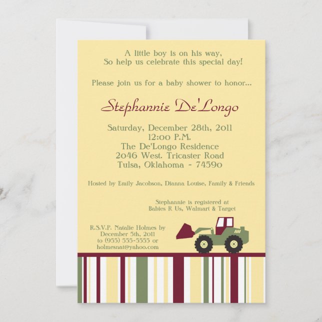 Invitación a Baby Shower de zona de construcción (Anverso)