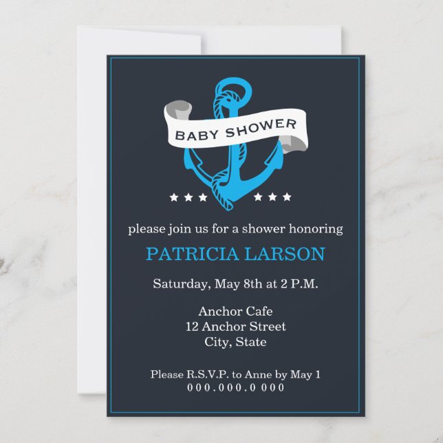 Invitación a Baby Shower del Ancla Azul de la Mari (Anverso)