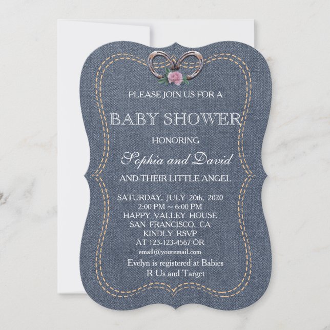 Invitación a BABY SHOWER del antiguo Denim Horsesh (Anverso)
