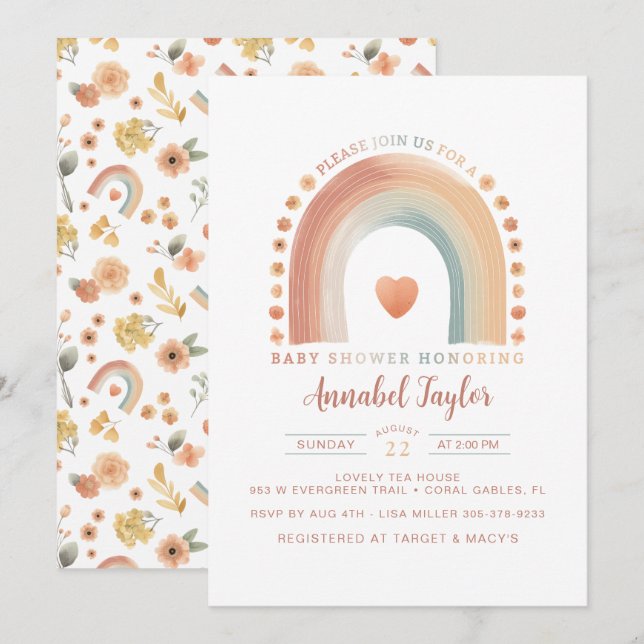 Invitación a Baby Shower del arco iris boho - Agua (Anverso / Reverso)