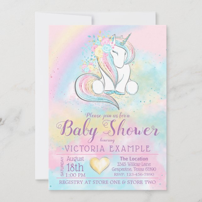 Invitación a Baby Shower del arco iris de Unicorni (Anverso)